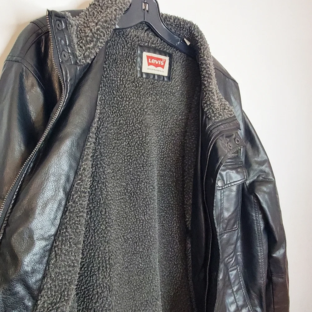 Levi's faux soft vegan black leather jacket coat dark gray sherpa lined size xxl